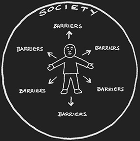 illustration of person with arrows pointing out that say "barriers"