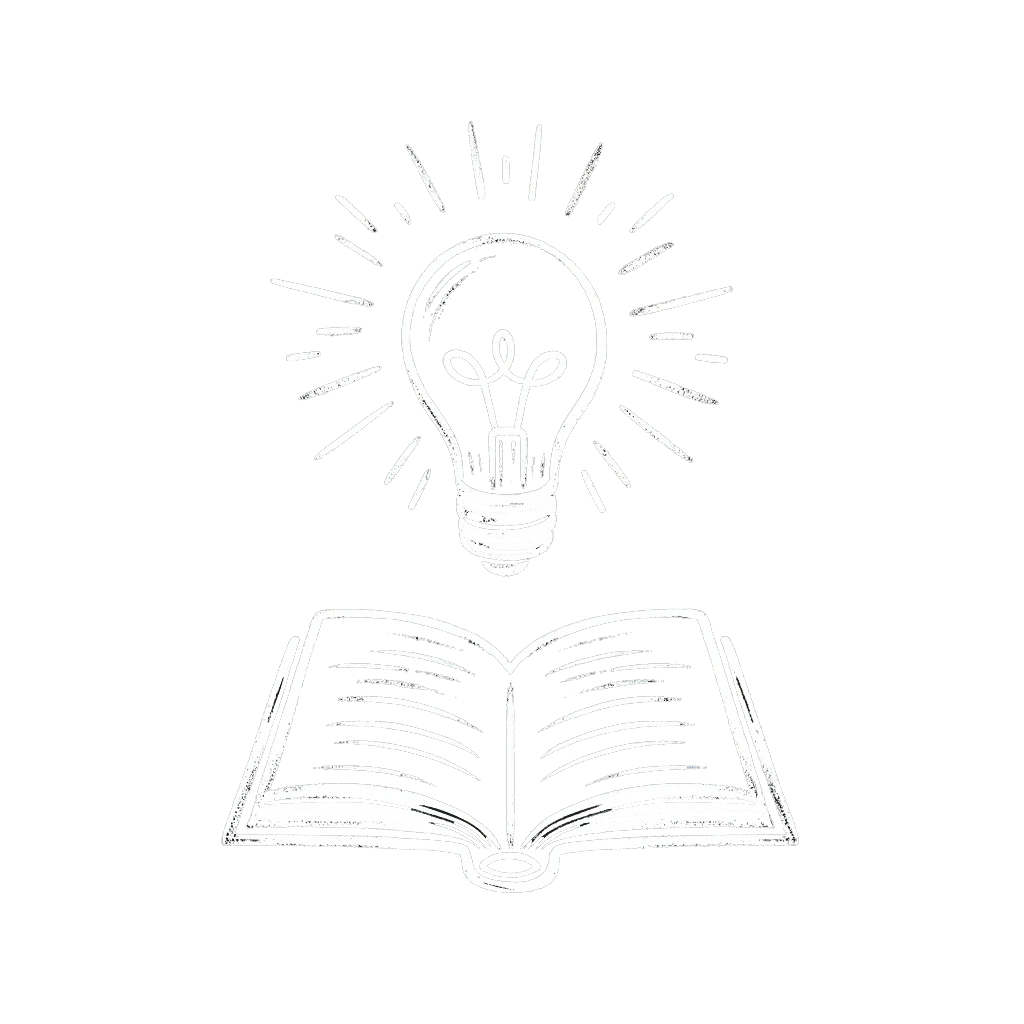 A simple hand drawn illustration of a book with a lightbulb above that
