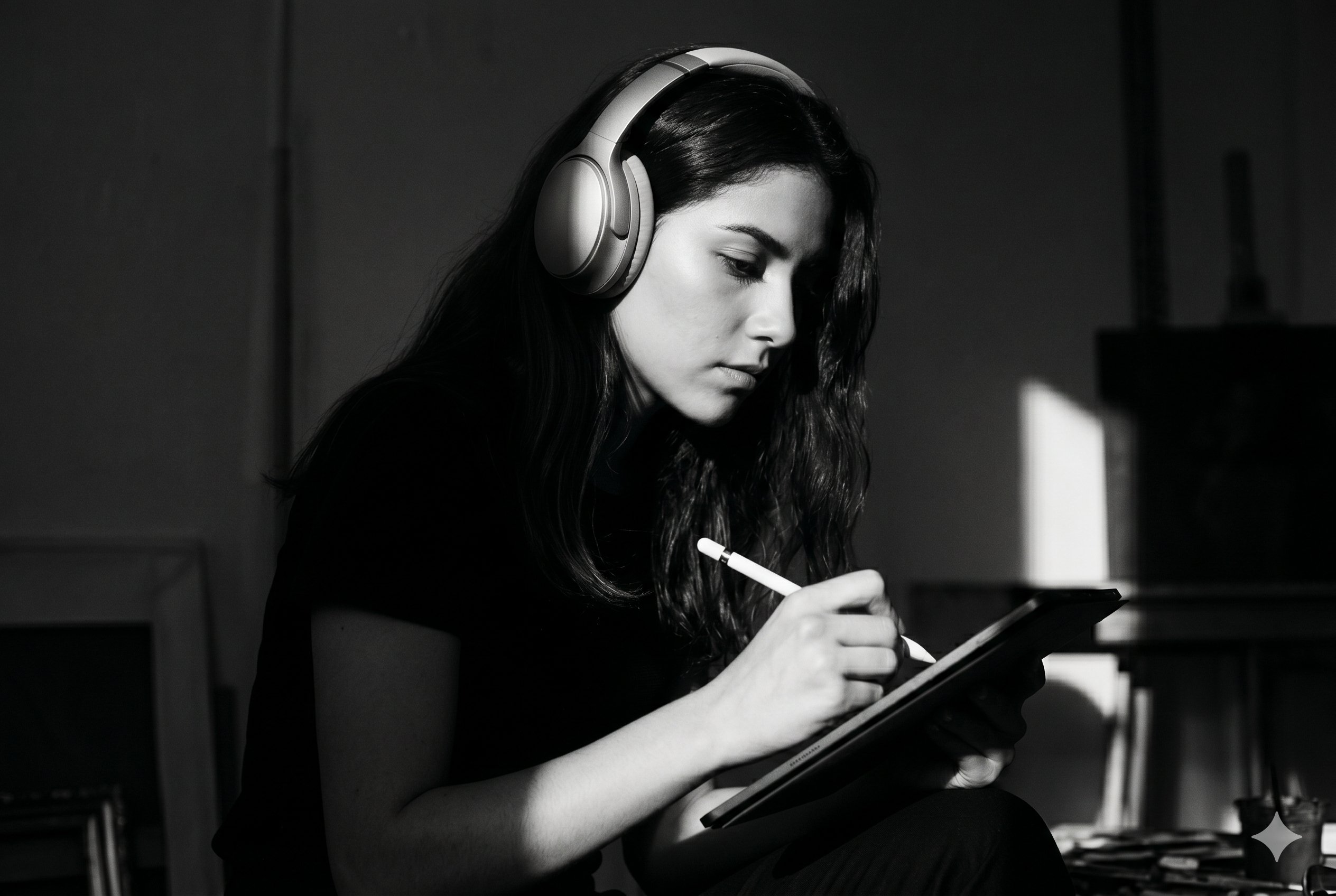 A dramatic, high-contrast black and white photograph of a young Latina woman with long, dark hair, wearing large, over-the-ear headphones. She is leaning slightly forward and is fully absorbed, intently focused on drawing or writing with a stylus on a digital tablet (like an iPad) that she holds.
