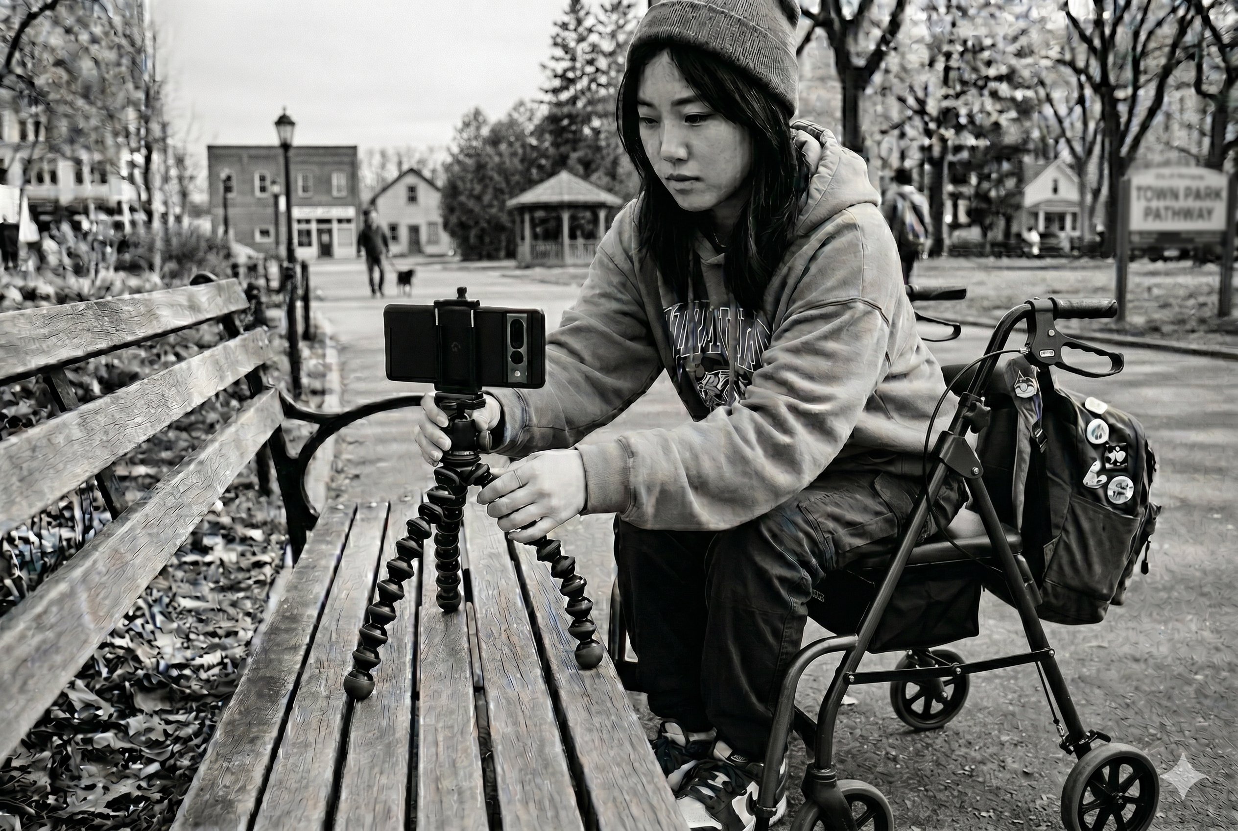 A black and white photograph of a young Asian woman with long dark hair, wearing a knit beanie and a hooded sweatshirt, sitting on her mobility device across from a wooden park bench. She is intently focused, using both hands to adjust a smartphone mounted on a flexible, segmented tripod that rests on the bench slats.  A dark backpack, decorated with multiple enamel pins and keychains, is attached to the rollator's frame. In the background of the park, there are other park benches, mature trees, a distant townscape with brick buildings, and other people walking (one with a dog).