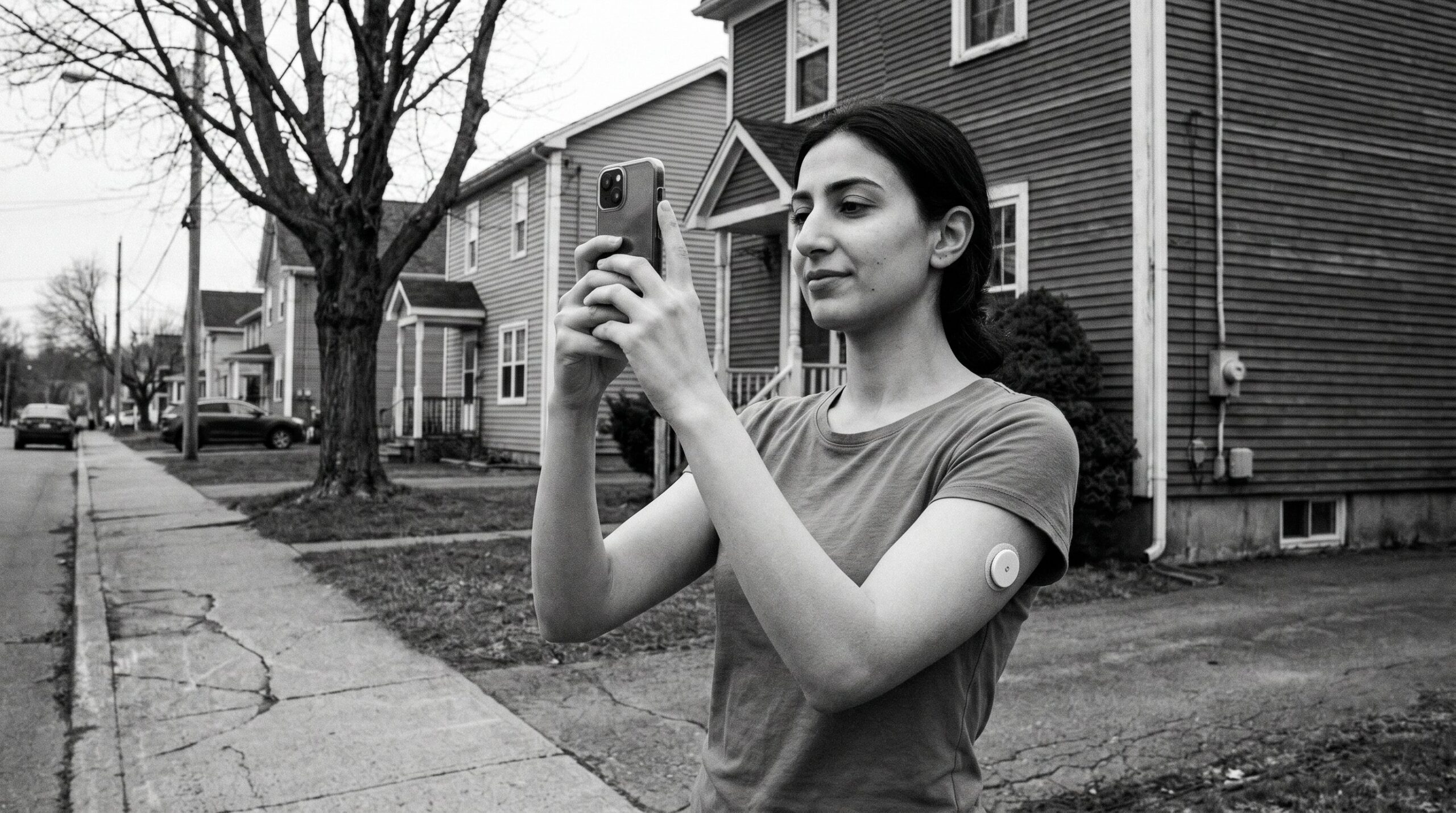A black and white candid photograph of a young Middle Eastern woman standing on a suburban sidewalk. A row of older clapboard houses with small front yards and asphalt driveways lines the street behind her. A bare tree stands to the left. She holds a smartphone up in both hands in front of her face, looking directly at the screen with a calm, focused expression. A Freestyle Libre continuous glucose monitor is visible on her upper arm.