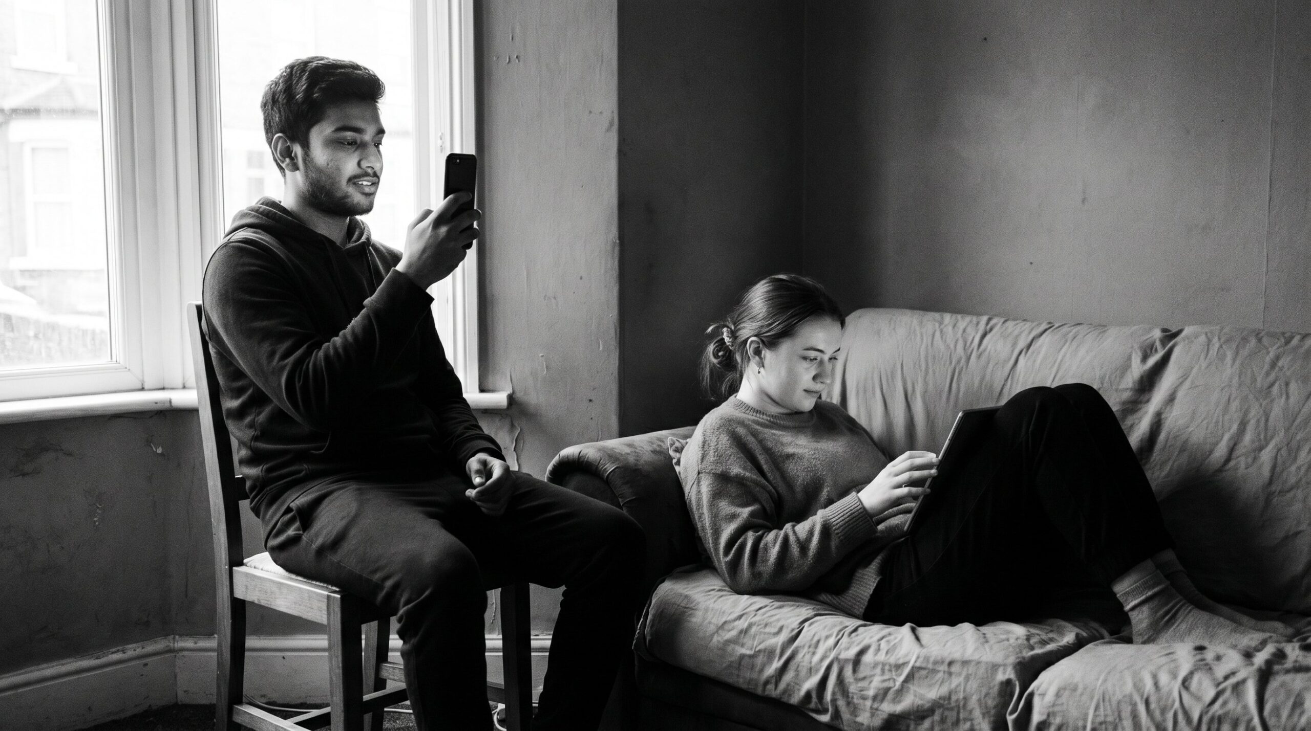 A black and white candid photograph of two young people in a casual indoor space. A young South Asian man sits on a wooden chair by a window, holding a smartphone up to film, his expression relaxed and focused. A young woman lies stretched out on a worn sofa nearby, knees up, leaning back against the armrest, looking at a tablet in her hands. Neither is looking at the camera. Natural light comes through the window behind him.